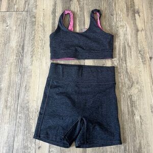 We Over Me Grey Sports Bra and Biker Shorts in Dark Heather Grey